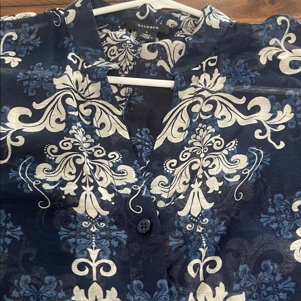 Halogen long sleeve blue sheer paisley button front tie waist top blouse Small - Picture 8 of 16